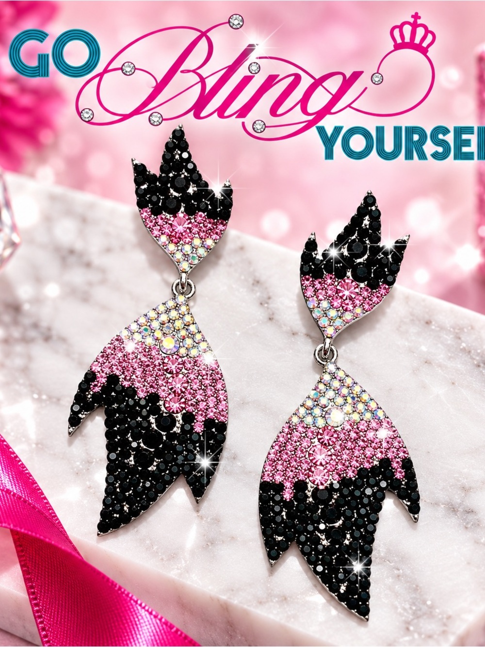 Custom Pink and Black Crystal Drop Earrings